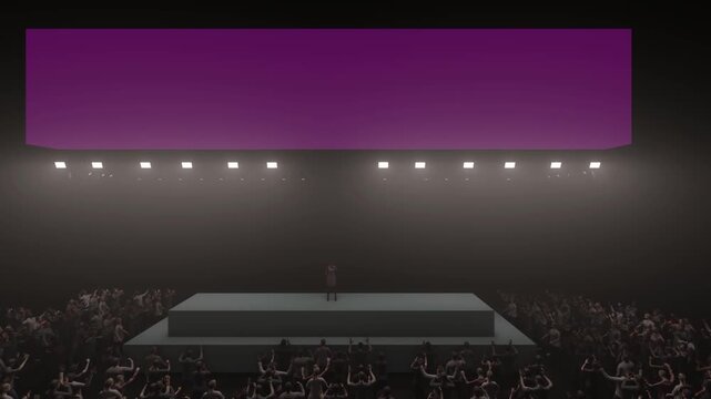 Cinematic Push-In Shot of a Concert Stage with Blank Purple Banner Above the Crowd