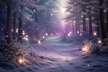 Naklejka premium Dreamy winter forest path glowing with lantern light