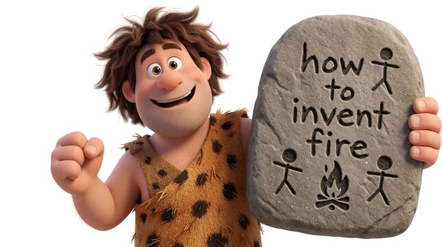 Funny cartoon caveman holds heavy stone tablet with text how to invent fire. Primitive man shows ancient guide for making flame. Prehistoric character presents stone carving instruction for early