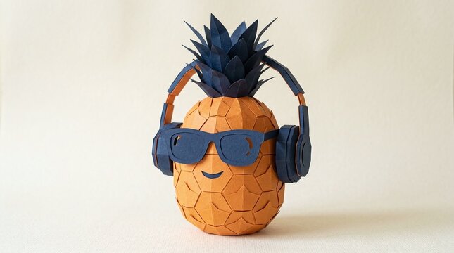 pineapple character wearing sunglasses and headphones listening to music, summer chill lifestyle concept