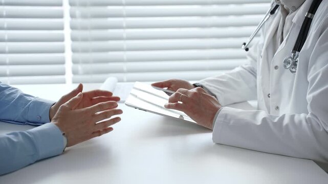 Doctor reviews digital health records with patient on tablet, explaining diagnosis and treatment options to support informed decisions and clear communication in a modern clinic setting