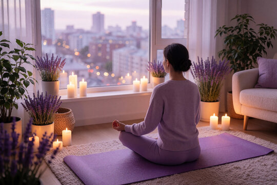 Woman meditates in lotus pose on yoga mat in tranquil room with lavender and candles. She relaxes by window overlooking city skyline at twilight, finding inner peace.