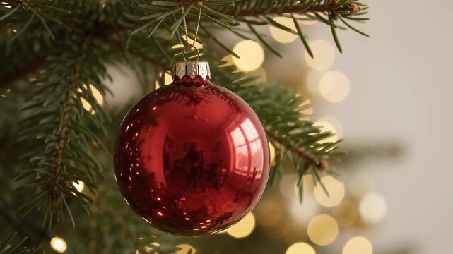 Red christmas ornament hanging on a pine tree branch with bokeh lights red bauble holiday decoration winter holiday christmas decoration tradition