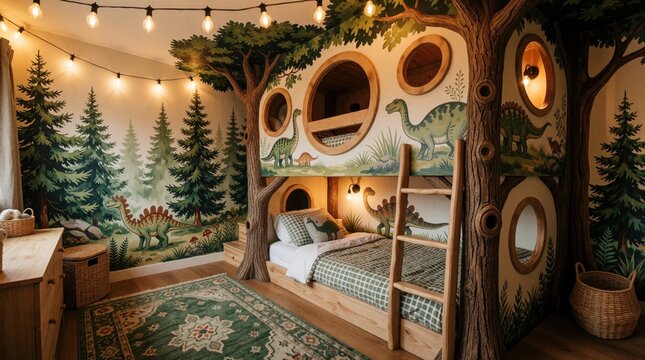 Whimsical kid bedroom featuring dinosaur mural wall art and treehouse bunk bed structure. Warm ambient light fills this imaginative space for childhood play.