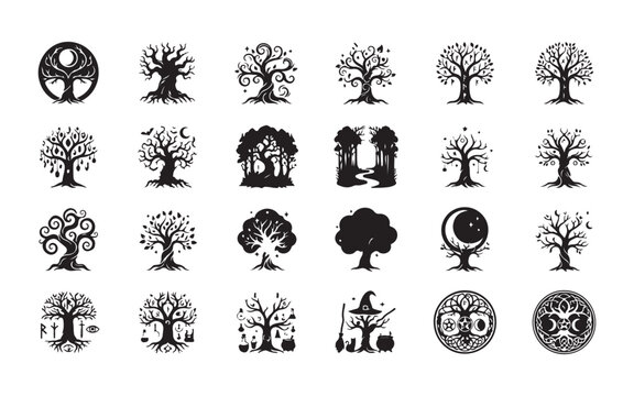 Mystic black tree silhouettes collection featuring celtic knots and moon symbols for pagan designs.