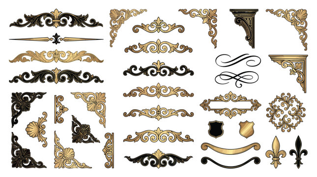 Ornate gold and black vintage scrollwork elements set for elegant decorative borders and luxury framing
