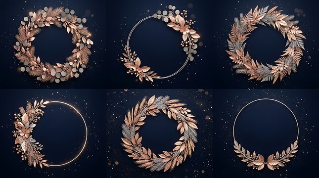 Six floral ornaments featuring rose gold leaves and branches arranged in circular wreaths against a dark background ornament wreath foliage botanical