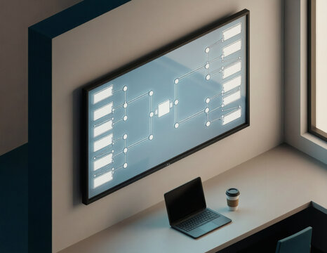 Abstract playoff bracket in a modern office