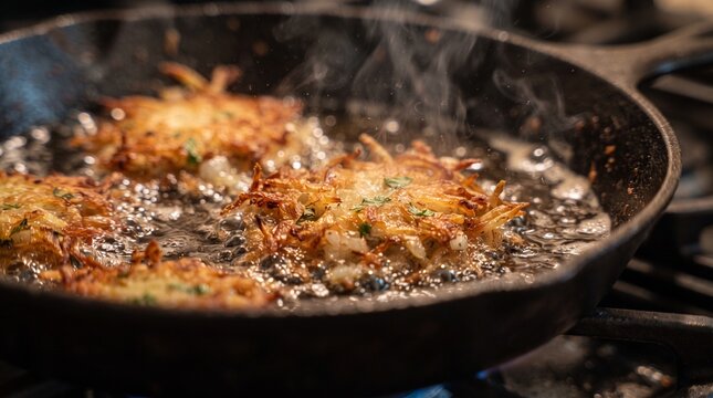 Golden potato latkes sizzling in hot oil in a cast iron skillet, a traditional Hanukkah food