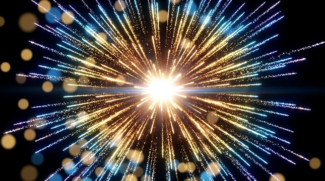 A burst of colorful light streaks radiates outward from a central point against a dark background radiance sparkle illumination explosion fireworks