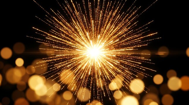Golden explosion of light with radiating sparks and bokeh effect creates a dynamic visual sparkle radiance illumination burst flare glimmer shimmer