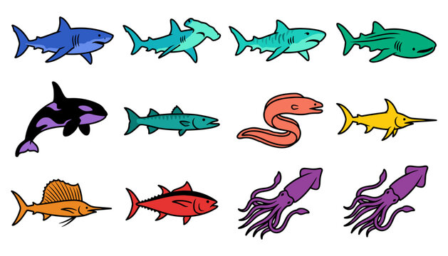 Variety of Fish Icons Set with Marine Life Illustrations Featuring Ocean, Sea