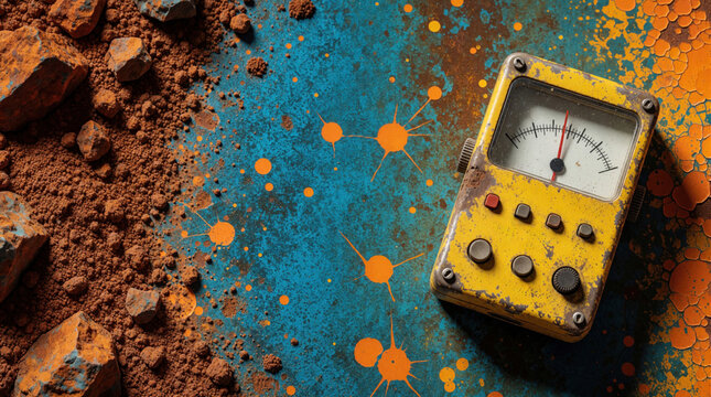 Yellow geiger counter rests on a dirty blue and orange splattered background with soil and rocks. Device measures radiation levels, indicating hazard detection.