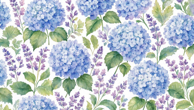 Watercolor seamless pattern featuring beautiful blue hydrangea flowers and purple lavender sprigs on a white background