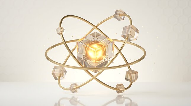 A golden atomic model with a glowing cubic core and orbiting particles is digitally rendered structure molecule nucleus electrons orbit metallic
