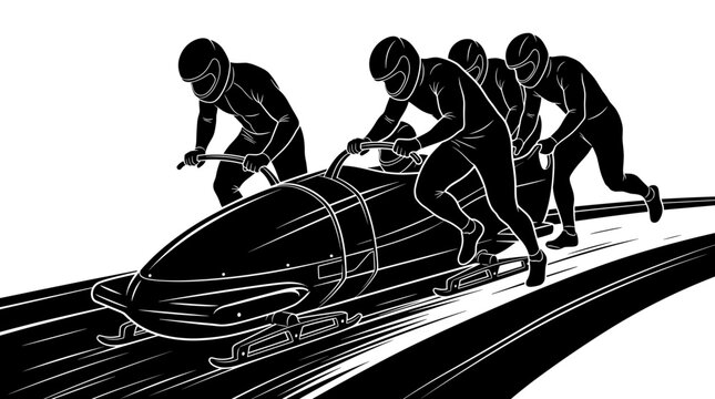 Four person bobsled team pushing sled for start of race on icy track