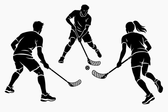 Floorball team silhouettes. Indoor hockey action. Players with sticks. Competitive sports scene