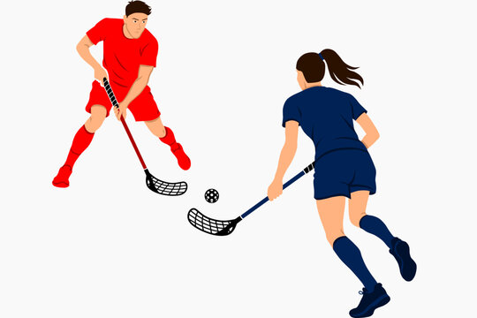 Floorball players. Dynamic game action. Indoor hockey match with ball and sticks. Sports scene