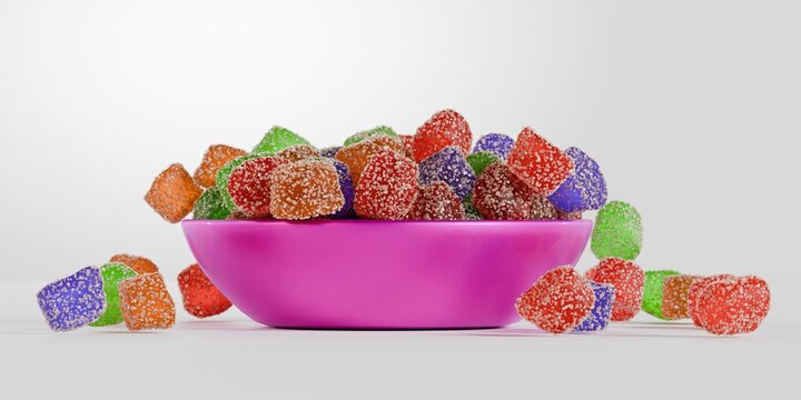 3d sugary gummy candies in a bowl, white background