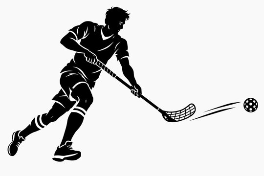 Floorball player making forward pass. Dynamic sports action. Monochrome isolated silhouette