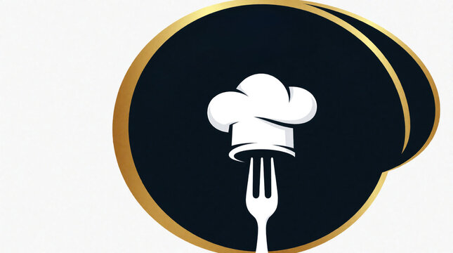 Minimalist gourmet cuisine logo features white chef hat on top of fork. Dark slate emblem with gold circle frame. Elegant culinary symbol for restaurant brand, catering service, fine dining kitchen.