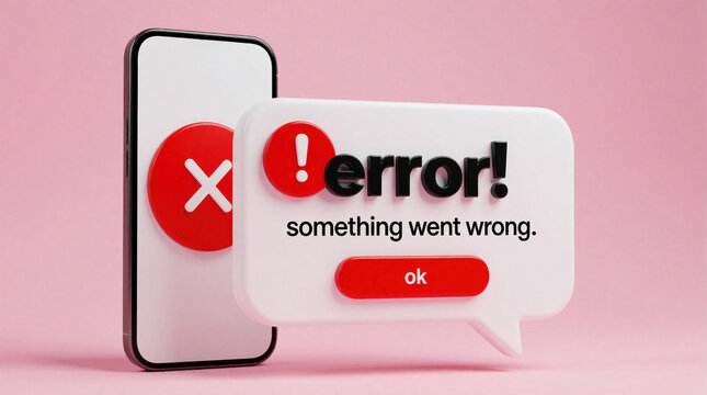 3D graphic shows smartphone displaying error message. App notification bubble says something went wrong with red cross icon. User sees mobile system failure on pink background.