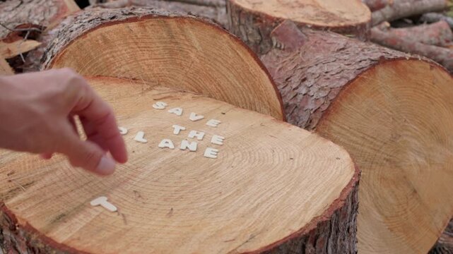 Hand touching a freshly cut tree stump, with the message save the planet 