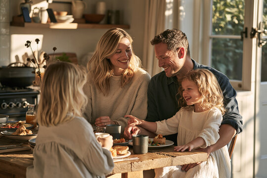 a family enjoying breakfast together around a bright kitchen table with smartphones intentionally placed away on a nearby shelf