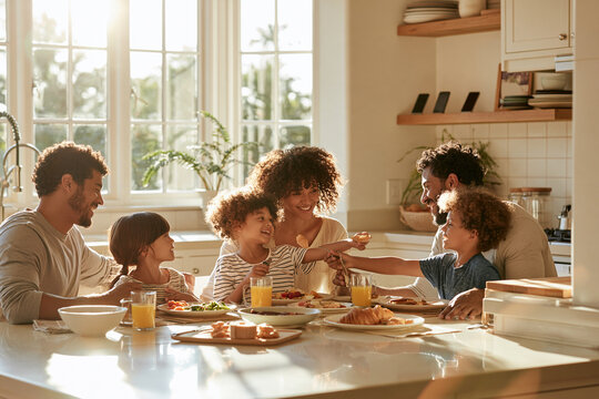 a family enjoying breakfast together around a bright kitchen table with smartphones intentionally placed away on a nearby shelf