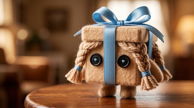 Cute handmade gift character with braided yarn hair and button eyes wears blue ribbon. Small plush toy stands on wood table in warm, blurred room, conveying surprise and joy.