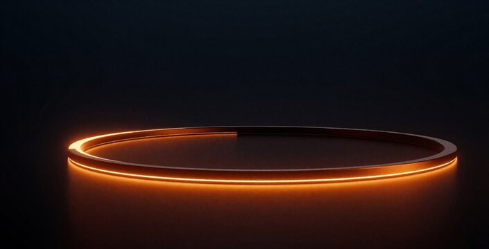 Abstract orange glowing ring on dark background. Futuristic neon circle design high tech innovation, digital energy. Sleek circular light frame creates minimal stage for product display sci fi