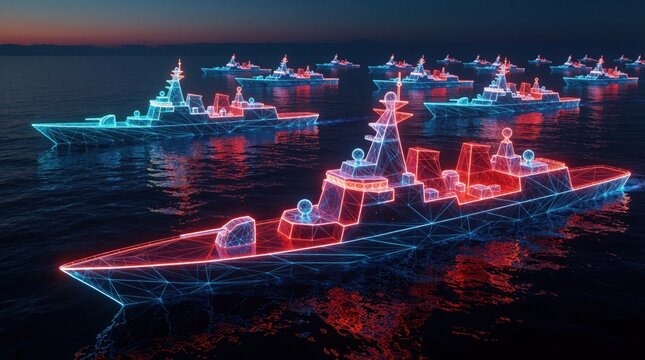 Abstract naval fleet forms from glowing neon wireframes on dark ocean surface. Digital warships in blue and red light create futuristic armada moving at twilight sea.