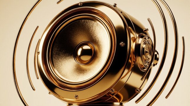 Luxury gold speaker design with metallic texture. Modern audio equipment 3D render features elegant curves, circular waves. High end sound system concept for premium music tech brand pro studio gear