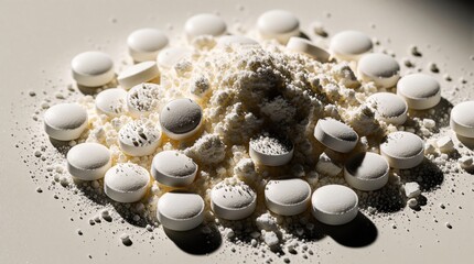 Fototapeta premium Pile of white pills, broken tablets with fine powder on light background. Pharmaceutical medication scattered on surface. Drug substance, medical capsules, crushed supplement, chemical ingredients