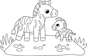 Fototapeta premium Vector black and white African zebra with baby on grass. Cartoon savanna family scene illustration for kids. Safari animals on natural background. Savannah mother and baby coloring page for children