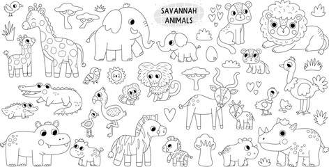 Fototapeta premium Big black and white safari mother and baby animals and birds for kid. Vector African animal family set. Line savanna pack with lion, elephant, zebra, giraffe. Savannah wildlife coloring page