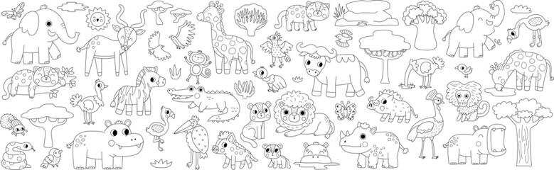 Fototapeta premium Big safari animals set for kids. Vector black and white African birds, trees, plants collection. Line savanna pack. Cute lion, elephant, zebra, giraffe clipart. Savannah wildlife coloring page