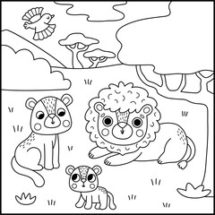 Obraz premium Square cartoon black and white scene with lion, lioness, cub. African savanna background with cartoon animal pride. Safari nature landscape, coloring page for kids. Savannah wildlife scenery