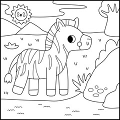 Fototapeta premium Square cartoon black and white scene with zebra, baobab tree, water. African savanna background with line cartoon animal. Safari nature landscape, coloring page for kids. Savannah wildlife scenery