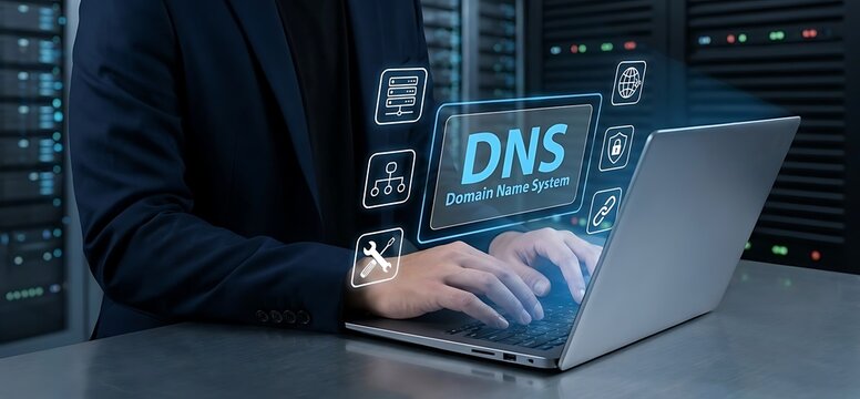 Person in suit using laptop with holographic DNS Domain Name System interface and server room