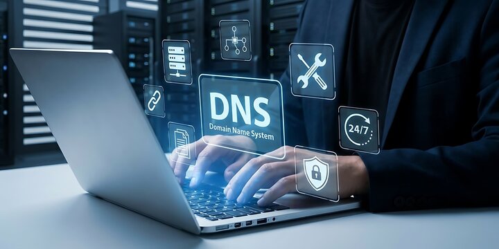 Person typing on laptop with DNS Domain Name System icons and server room internet technology