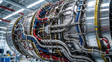 Fototapeta na wymiar Close up of complex wiring, fuel lines inside jet engine nacelle. Engineers install intricate mechanical components in high tech aerospace plant. Detailed view of metal pipes, colorful cables,