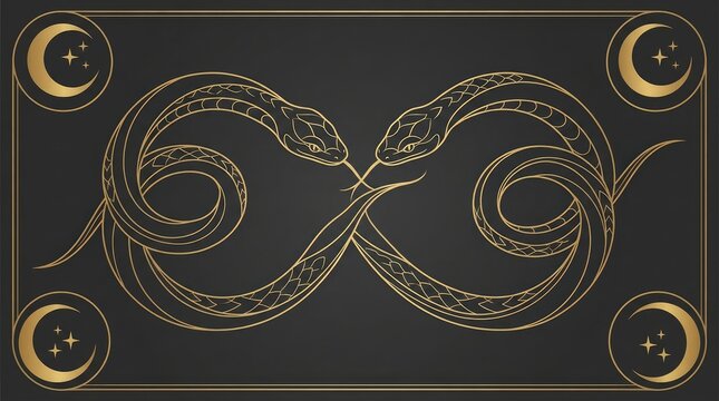 Golden ouroboros snake infinity symbol illustration featuring intricate metallic linework on dark background with celestial moon and star graphic elements