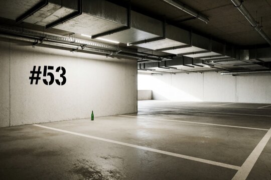 Empty underground garage space number 53 with concrete floor and walls. Exposed ceiling ducts and minimal lighting with a single green bottle on floor.