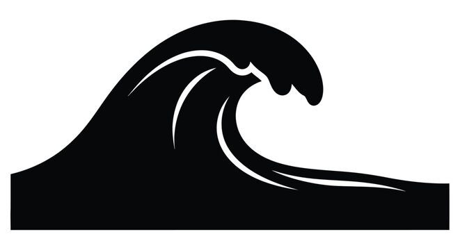 Black silhouette of a breaking ocean wave with curved crest and base