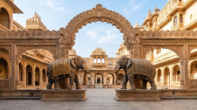 Ornate archway courtyard with elephant statues.