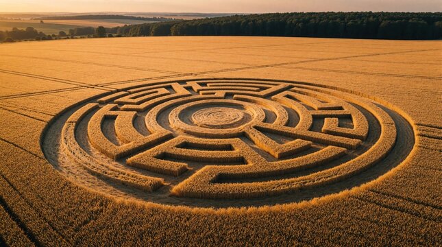 Aerial view of large geometric crop circle pattern in golden wheat field at sunset. Mysterious maze labyrinth shape carved in farm land. Rural agriculture landscape with sun light hitting grain