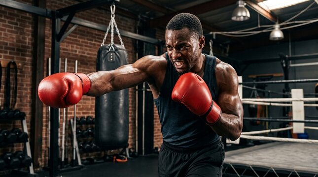 Man boxing in gym throwing a punch with red gloves.