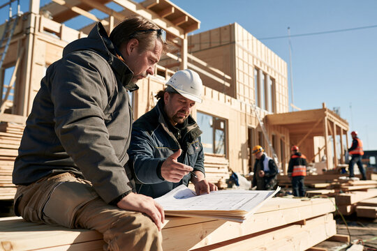 an architect and construction engineer reviewing plans beside a modern modular prefabricated house under assembly