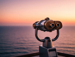 Obraz premium Coin operated binoculars offer distant ocean view at colorful sunset. Explore sea horizon, admire sky gradient from boat deck or viewpoint. Future journeys await.
